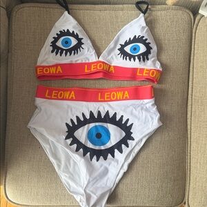 White Eye-Print High-Waist Bikini Set